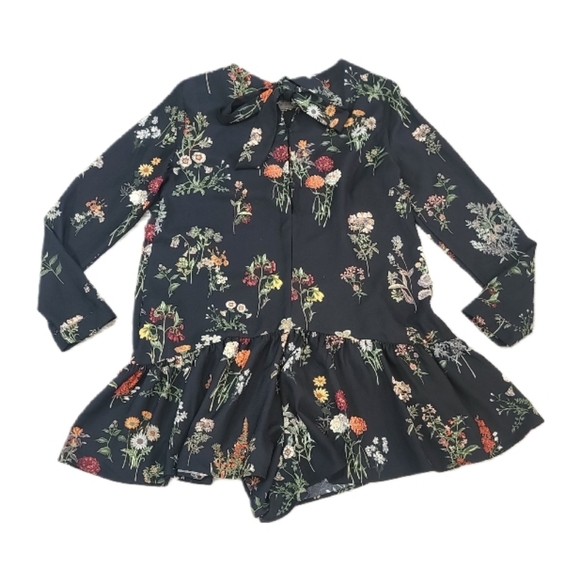 Zara Pants - ZARA Black Floral Long Sleeve Shorts Romper Tie Back Sash